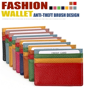 Slim RFID leather card holder with litchi texture shown in multiple colors