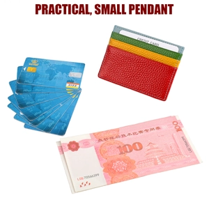 Detail of multi-color genuine leather card holder with litchi grain and neat stitching
