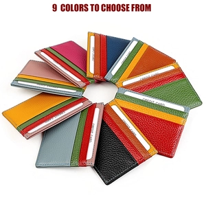 Top view of ultra-thin leather card holders in nine vibrant colors with lychee pattern