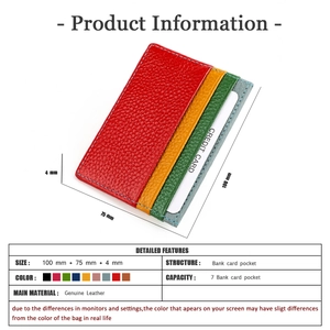 Detailed view of genuine leather card holder dimensions and multi-color lychee texture