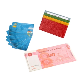 Close-up of vertical genuine leather card holder with colorful multi-slot patchwork design