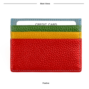 Detail of colorful multi-slot leather card holder with premium pebbled texture and stitching