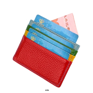 Slim genuine leather card holder featuring multi-colored slots and lychee grain texture