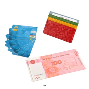 Detail view of colorful pebble leather card holder with multiple slots and cash storage