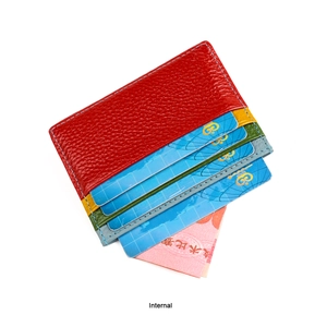 Detailed internal view of multi-colored genuine leather card holder with 4 slots