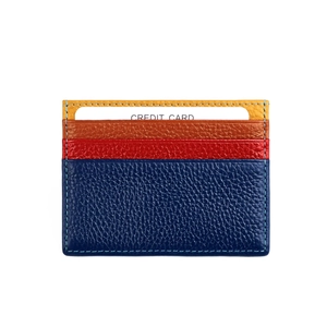 Detail of multi-color lychee grain leather card holder with layered stitching