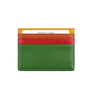 Detail of multi-color genuine leather card holder with premium pebbled texture stitching