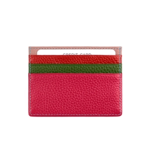 Detail of multi-color genuine leather card holder with contrast stitching and lychee texture
