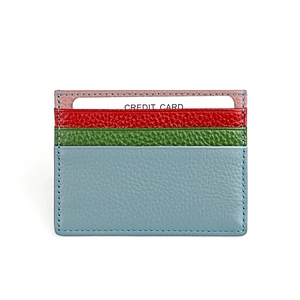 Detail of multi-color pebble leather card holder with contrast stitching and card slots