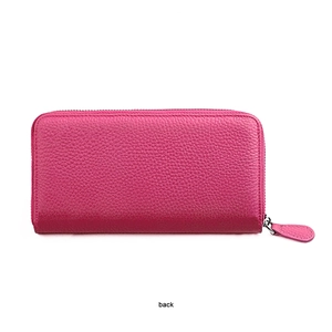 Vue arrière du long portefeuille en cuir véritable magenta avec grain de cuir et zip