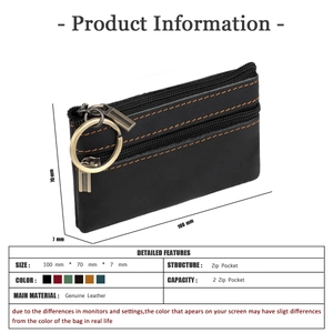 Detail of black genuine leather coin purse with orange stitching and double zippers