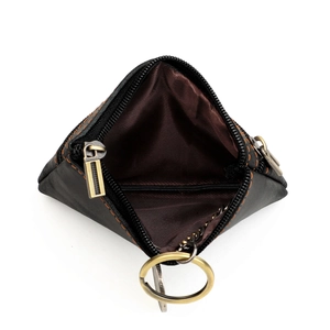 Detail view of triangular leather coin purse with orange stitching and internal key chain