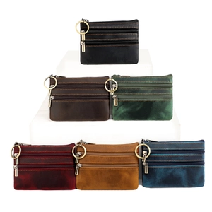 Retro crazy horse leather wallets with three zipper pockets and antique bronze key ring hooks