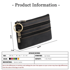 Macro detail of genuine leather coin purse with three zippers and 120mm size dimensions