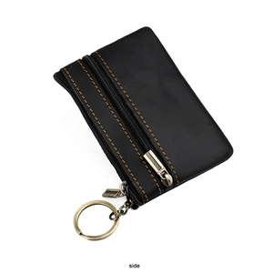 Side view of black genuine leather coin purse with double zippers and orange stitching