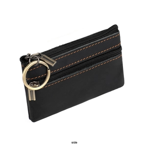 Side view of matte black leather wallet with double zippers and orange stitching detail