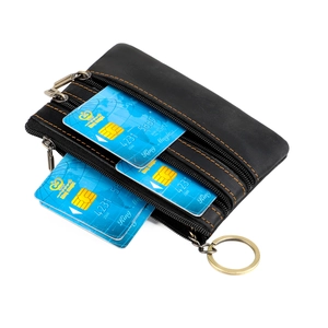 Detail of black leather triple-zipper wallet with bright orange stitching and key ring