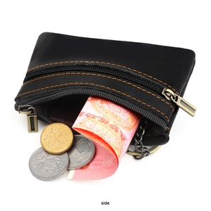 Detail of black leather coin purse featuring orange stitching and dual zipper pockets