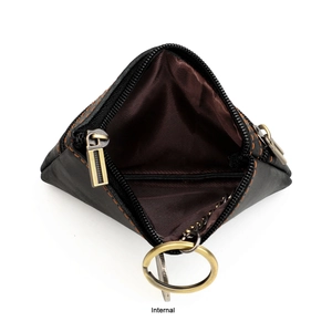 Internal view of triangle leather coin purse showing brown lining and metal chain