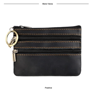 Black crazy horse leather coin purse with triple zippers, orange stitching and key ring