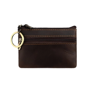 Close-up of a brown leather coin purse featuring dual zippers and a metal keyring hook