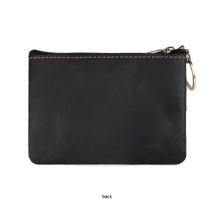 Back view of a black crazy horse leather coin purse with metal zipper and keyring detail