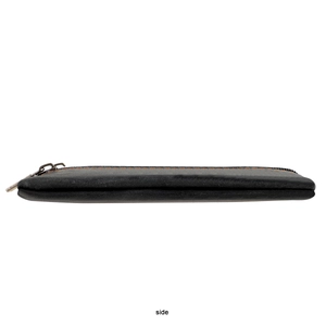 Side view of a vintage black leather wallet featuring contrasting orange stitching detail