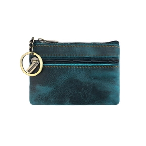 Macro detail of retro blue leather coin purse with double zippers and contrast stitching