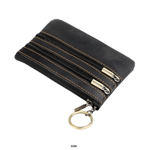 Side view of black crazy horse leather wallet with orange stitching and 3 zippers