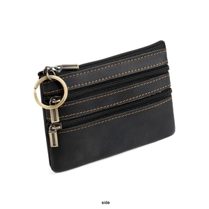 Detail view of black crazy horse leather wallet with triple zippers and contrast stitching
