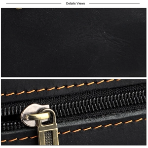 Detail of black lychee leather coin purse with orange stitching and bronze zipper