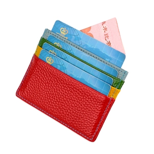 Red genuine leather card holder with multi-color slots and blue contrast stitching