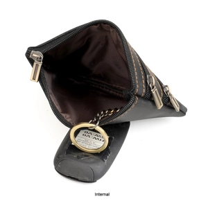 Internal view of black leather key pouch with orange stitching and metal ring