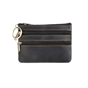 Detail view of black crazy horse leather wallet with three zippers and brown contrast stitching
