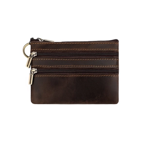 Deep brown leather coin purse with three zipper compartments and a metal key ring