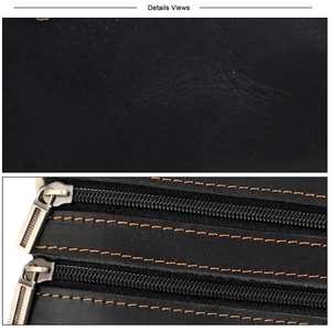Detail view of black crazy horse leather wallet with orange contrast stitching and metal zipper