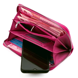 Portefeuille long rouge rose anti-RFID de style japonais avec plusieurs compartiments