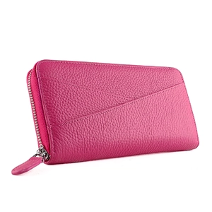 Portefeuille long en cuir grainé magenta avec protection RFID et fermeture éclair