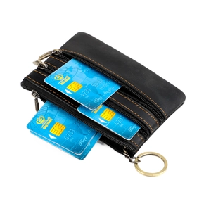Vintage crazy horse leather wallet with three zippers, orange stitching, and key ring