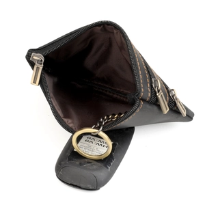 Vintage black crazy horse leather key pouch with orange contrast stitching and coin zip pocket