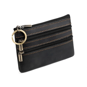 Vintage black crazy horse leather wallet with triple zippers and orange contrast stitching