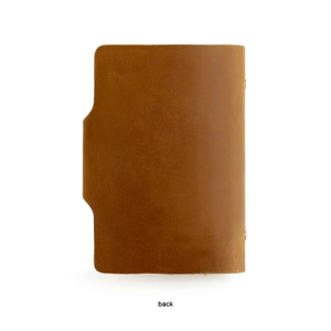 Macro detail of brown crazy horse leather card holder back with metallic rivet accent