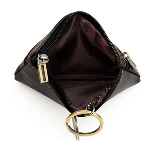 Unique triangle leather coin purse with orange stitching and keychain ring on white background