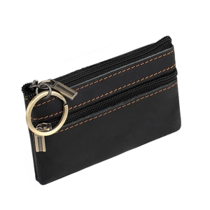 Retro black leather coin purse with double zippers and contrast orange stitching details