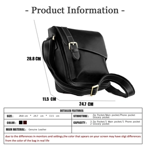 Detailed size chart and dimensions for the vintage black genuine leather messenger bag