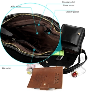 Detailed view of black leather messenger bag internal compartments and tiered pockets