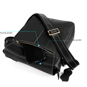 Detail view of leather crossbody bag with main and grocery pockets for smartphone