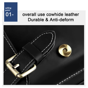 Detail of crazy horse cowhide leather messenger bag with vintage brass hardware and stitching