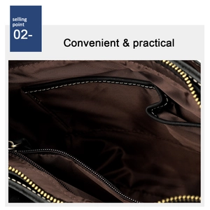 Detail view of the interior compartment featuring a metal zipper pocket and dark brown lining