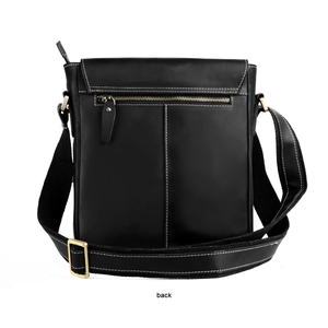 Back view of black leather messenger bag featuring rear zipper pocket and contrast stitching